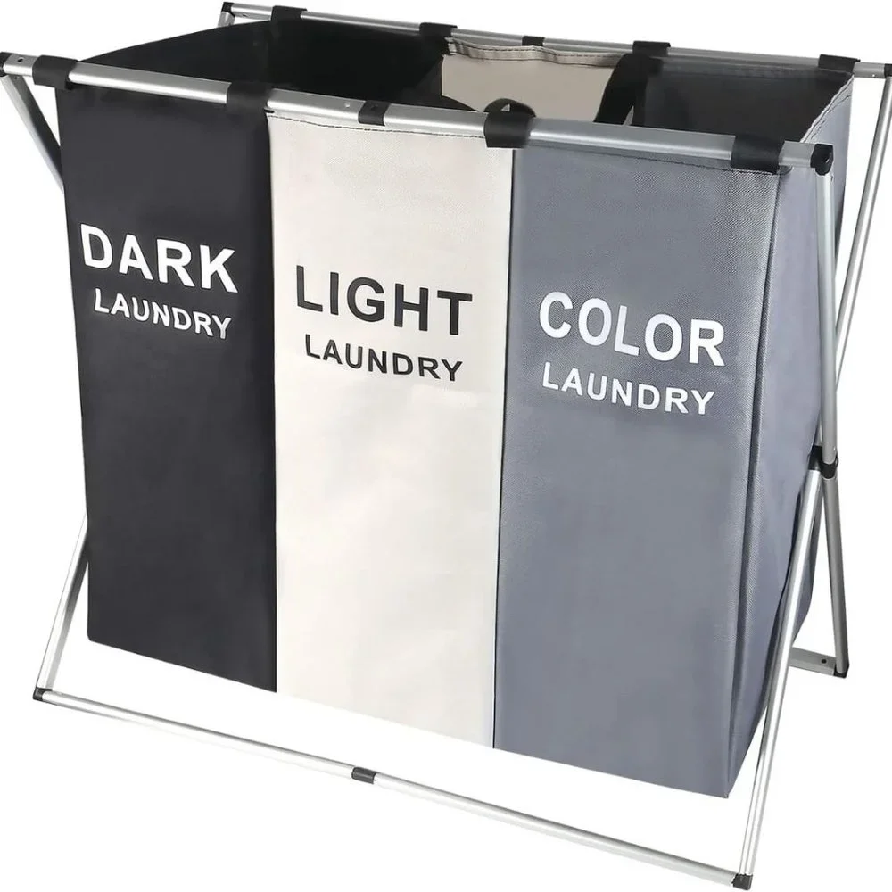 Laundry Cloth Hamper Sorter Basket Bag Bin Foldable 3 Sections Aluminum Frame
